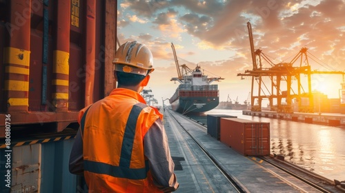 port worker inspecting cargo containers at the dock, cranes and ships forming a bustling background, sunset view