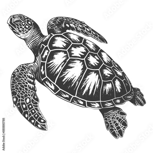 Hand-Drawn Engraved Sea Turtle, Detailed Shell, Top View Illustration