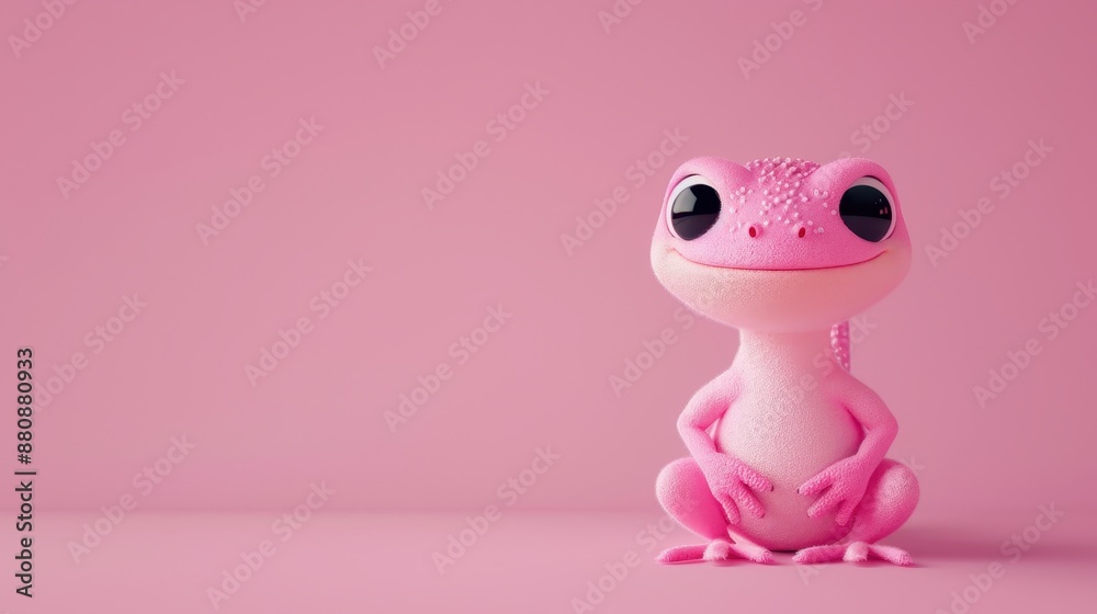 Fototapeta premium Cute pink cartoon gecko with big eyes sitting against a plain pink background. Perfect for children's illustrations or fun designs.