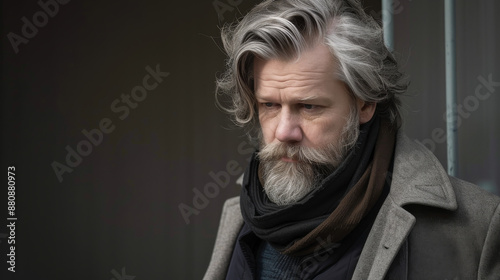 A distinguished man with gray hair and a beard gazes pensively, exuding wisdom and introspection under soft lighting.