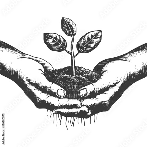 Two Hand holding soil with growing sprout with engraving style