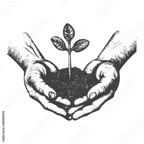 Two Hand holding soil with growing sprout with engraving style