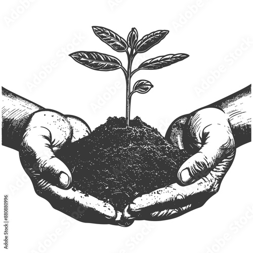 Two Hand holding soil with growing sprout with engraving style
