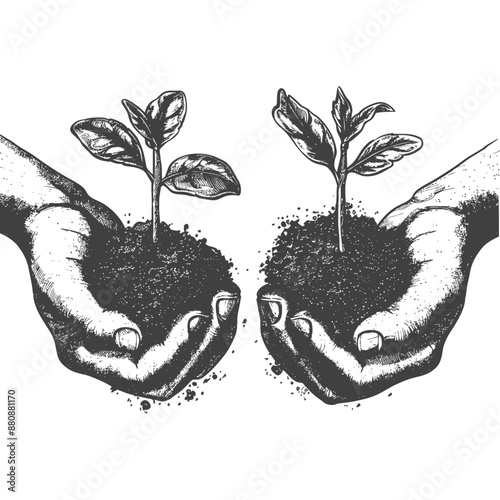 Two Hand holding soil with growing sprout with engraving style