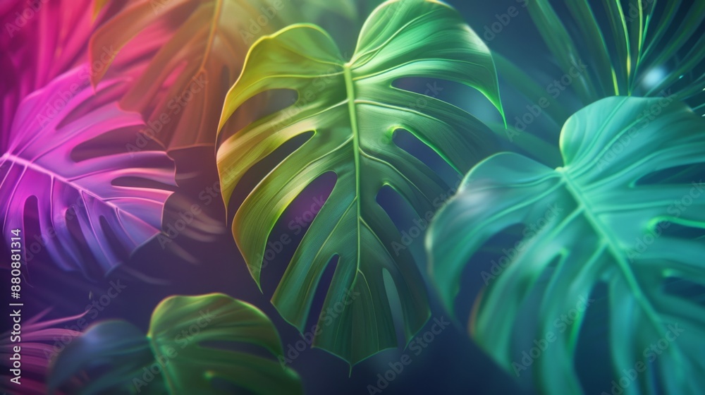 Obraz premium Vibrant Rainbow-Colored Tropical Monstera Leaves Background