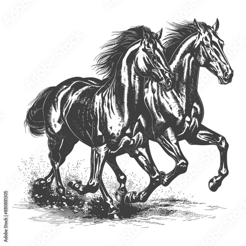 two horses galloping with engraving style