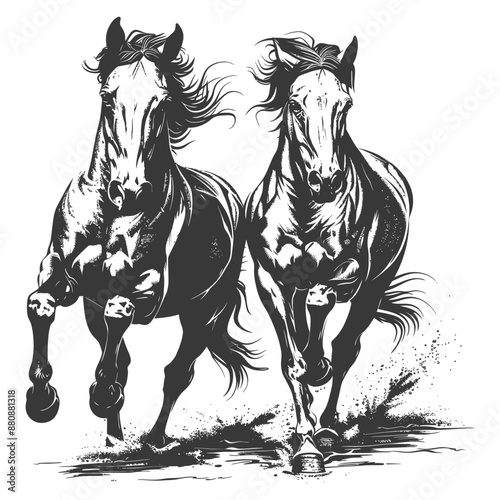 two horses galloping with engraving style