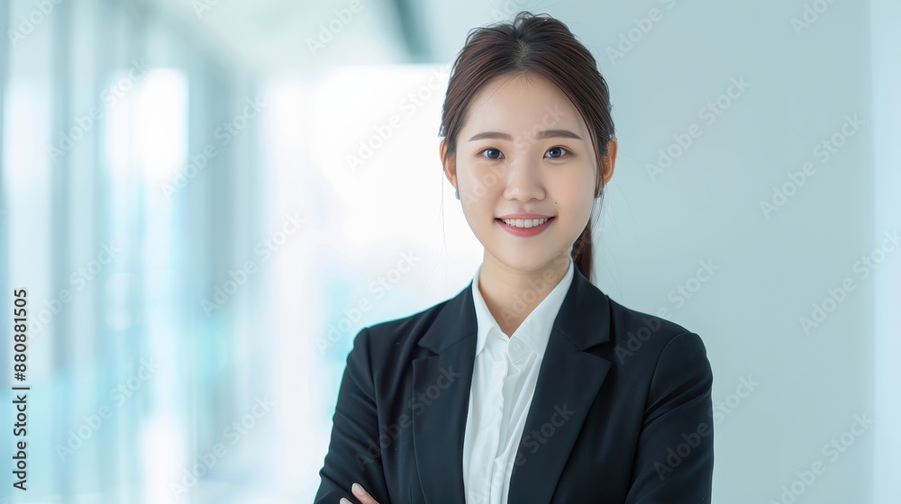 Confident young businesswoman in a suit, smiling with arms crossed in a modern office setting. Professional, successful, and approachable. Confident young businesswoman in a suit, smiling with arms crossed in a modern office setting. Professional, successful, and approachable.