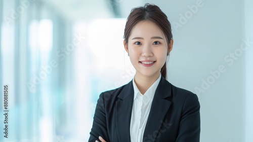 Confident young businesswoman in a suit, smiling with arms crossed in a modern office setting. Professional, successful, and approachable. Free Download Confident young businesswoman in a suit, smiling with arms crossed in a modern office setting. Professional, successful, and approachable. - GFXLoad