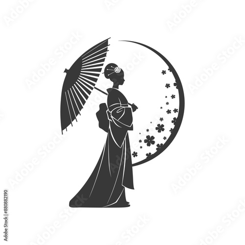 japanese women wearing kimono minimalist logo or symbol black color only