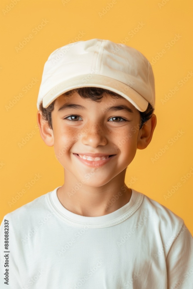 Smiling Young Boy with Baseball Cap on Yellow Background Smiling Young Boy with Baseball Cap on Yellow Background