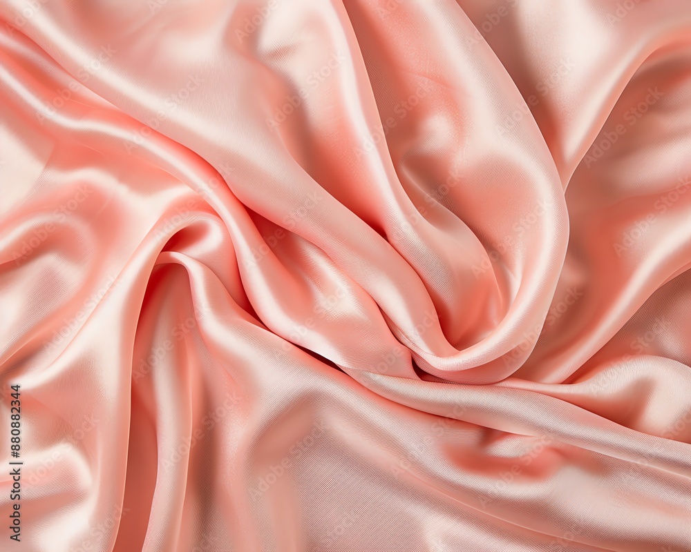 Close-up of smooth, peach-colored silk fabric with soft, flowing folds. Close-up of smooth, peach-colored silk fabric with soft, flowing folds.