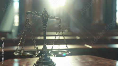 Golden scales of justice standing in an illuminated courtroom, with sunlight streaming melodiously through tall windows onto the symbolic emblem. photo