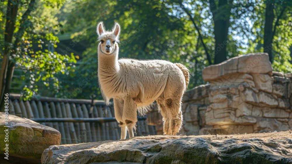 Obraz premium White alpaca in outdoor zoo during summer
