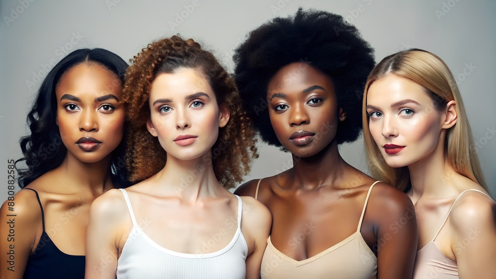 Obraz premium Group of diverse women with different skin tones, hairstyles, and beauty posing confidently against a neutral background.