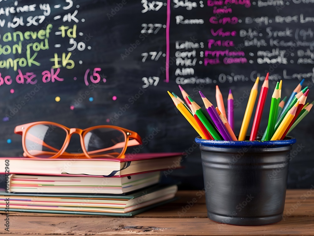 Back to school books, glasses, colored pencils in pot on wooden table, blackboard background with equations, text space. Back to school books, glasses, colored pencils in pot on wooden table, blackboard background with equations, text space.