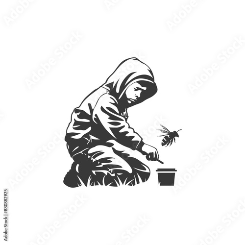little boy beekeeper minimalist logo or symbol black color only