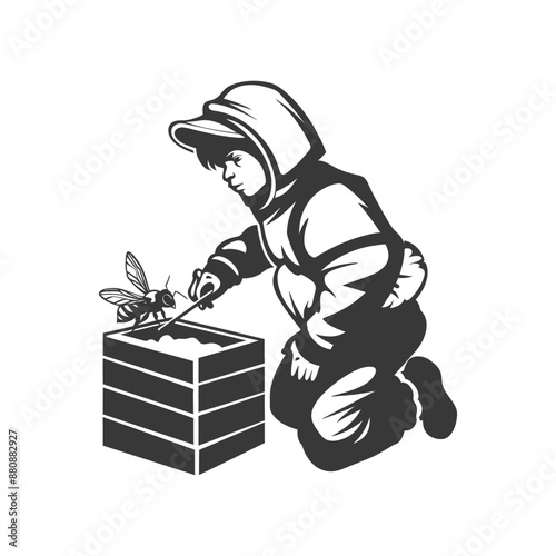 little boy beekeeper minimalist logo or symbol black color only