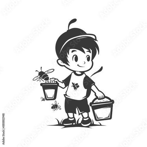 little boy beekeeper minimalist logo or symbol black color only