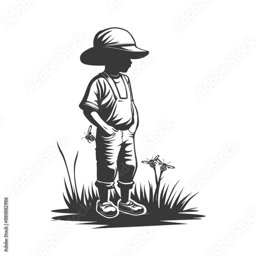 little boy beekeeper minimalist logo or symbol black color only