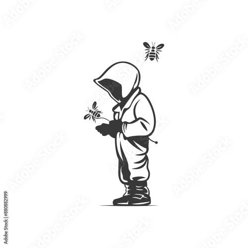 little boy beekeeper minimalist logo or symbol black color only
