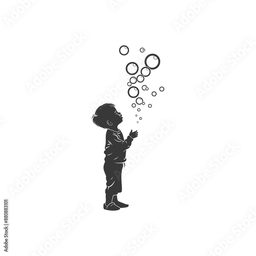 little boy blow soap bubbles minimalist logo or symbol black color only