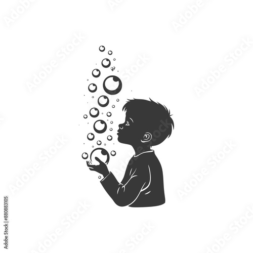 little boy blow soap bubbles minimalist logo or symbol black color only