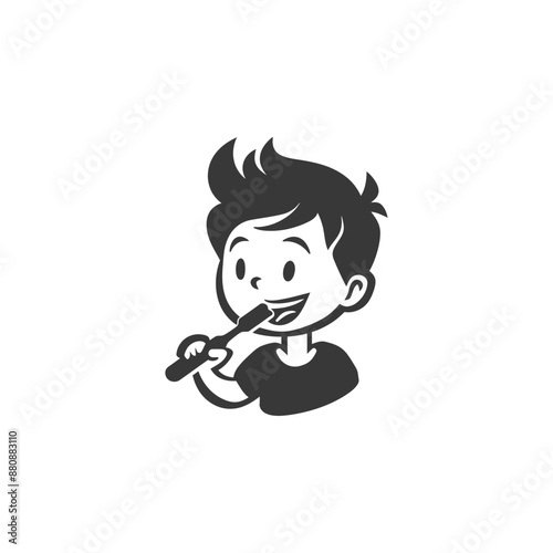 little boy brushing teeth minimalist logo or symbol black color only