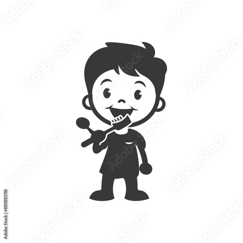 little boy brushing teeth minimalist logo or symbol black color only