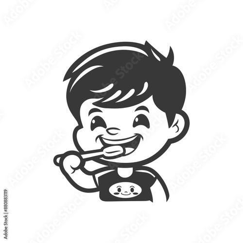 little boy brushing teeth minimalist logo or symbol black color only