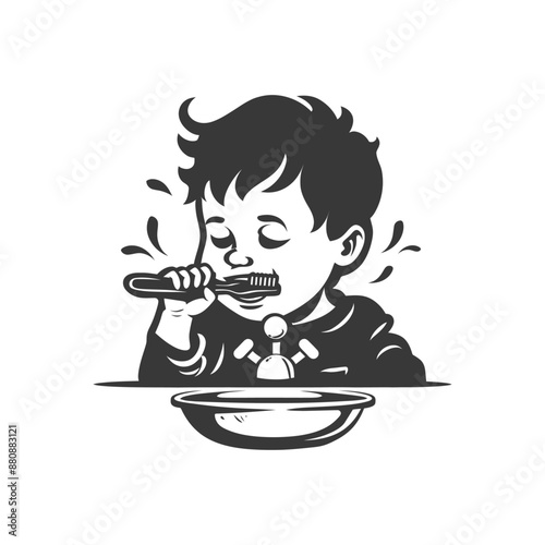 little boy brushing teeth minimalist logo or symbol black color only