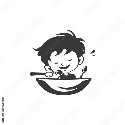 little boy brushing teeth minimalist logo or symbol black color only