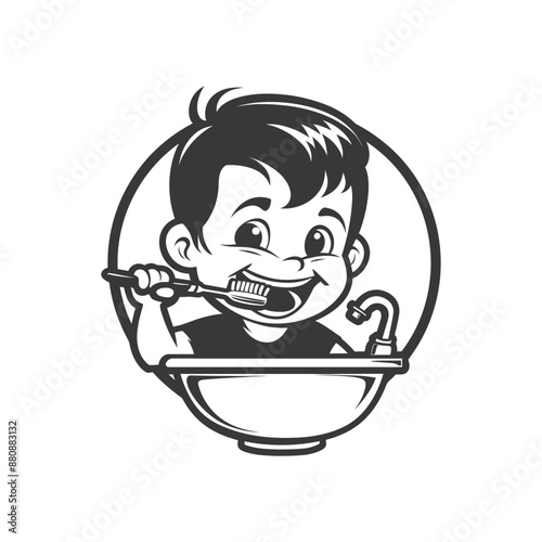 little boy brushing teeth minimalist logo or symbol black color only