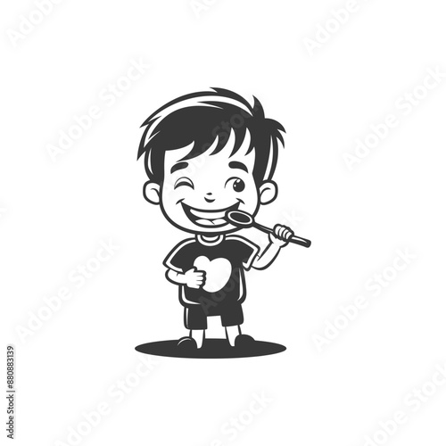 little boy brushing teeth minimalist logo or symbol black color only