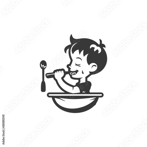 little boy brushing teeth minimalist logo or symbol black color only