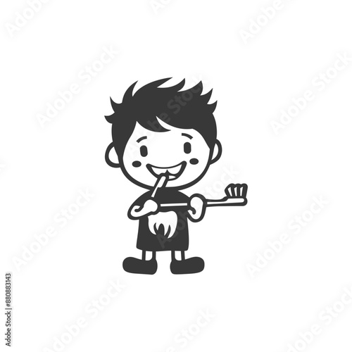 little boy brushing teeth minimalist logo or symbol black color only