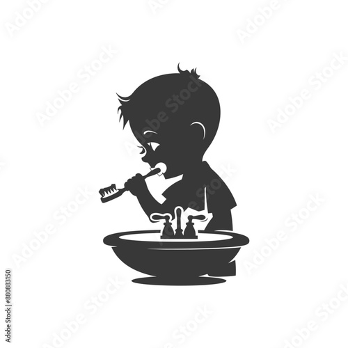 little boy brushing teeth minimalist logo or symbol black color only