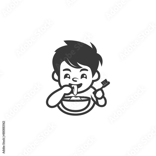 little boy brushing teeth minimalist logo or symbol black color only