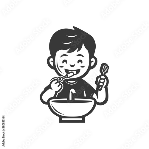 little boy brushing teeth minimalist logo or symbol black color only