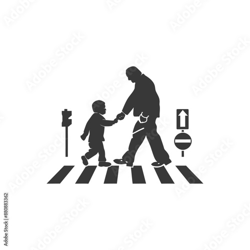 little boy helps the senior citizen minimalist logo or symbol black color only