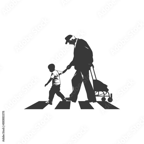 little boy helps the senior citizen minimalist logo or symbol black color only