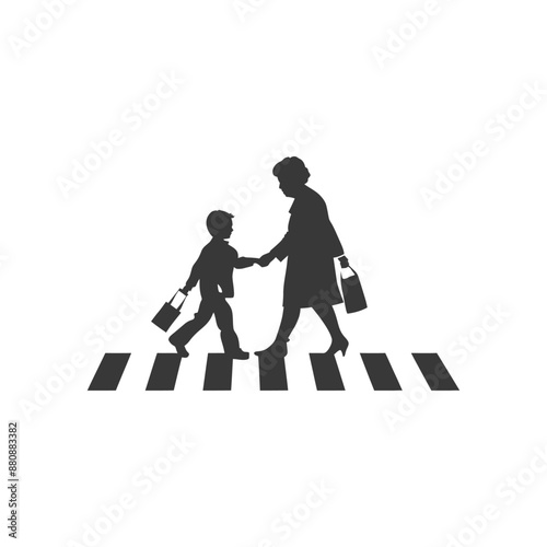 little boy helps the senior citizen minimalist logo or symbol black color only
