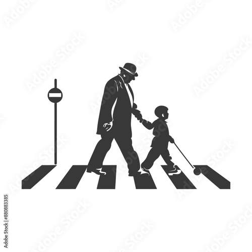 little boy helps the senior citizen minimalist logo or symbol black color only