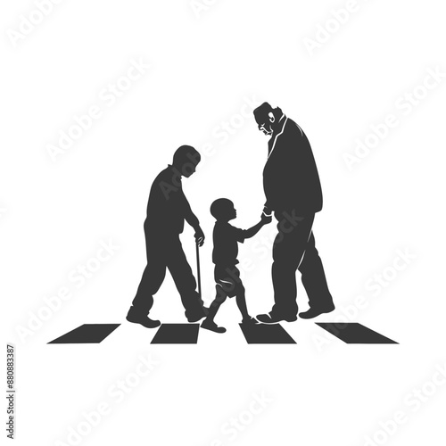 little boy helps the senior citizen minimalist logo or symbol black color only