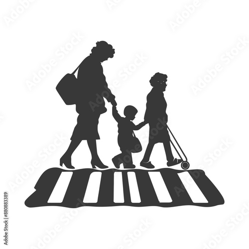 little boy helps the senior citizen minimalist logo or symbol black color only