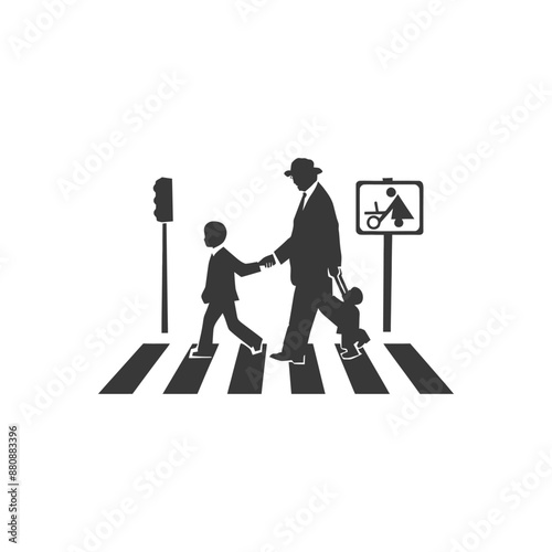 little boy helps the senior citizen minimalist logo or symbol black color only