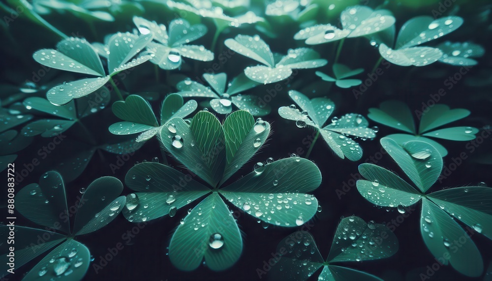 Fototapeta premium close-up shot of a field of green clover leaves with water droplets on them. The leaves are illuminated by a soft light, creating a serene and peaceful mood.