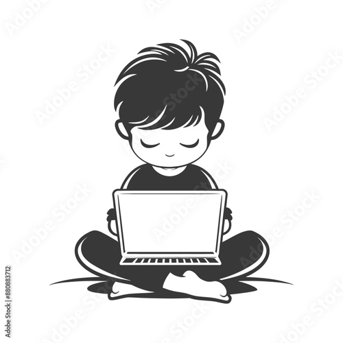 little boy playing activity minimalist logo or symbol black color only