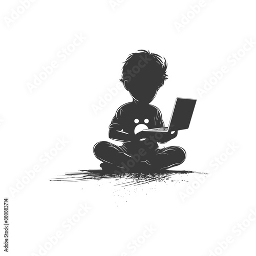 little boy playing activity minimalist logo or symbol black color only