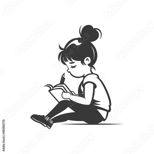 little girl writing minimalist logo or symbol black color only